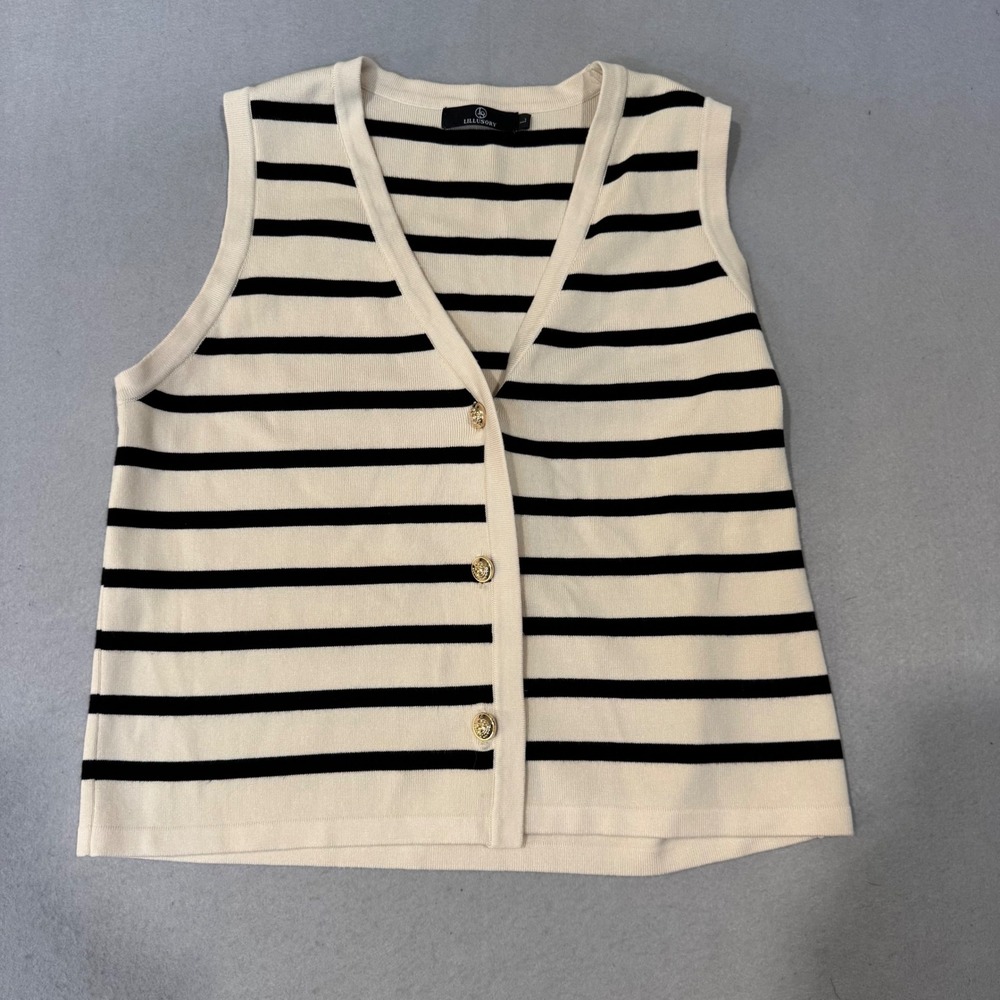 Lillusory Cardigan Vest Women Large Cream Black Striped Gold Button V-Neck